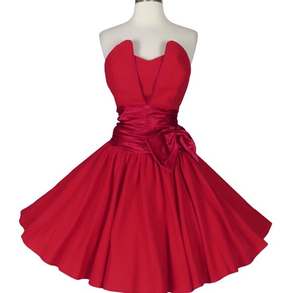 Vintage 80s 90s Red Strapless Full Circle Skirt HoCo Prom Cocktail Party Dress S - Picture 3 of 10